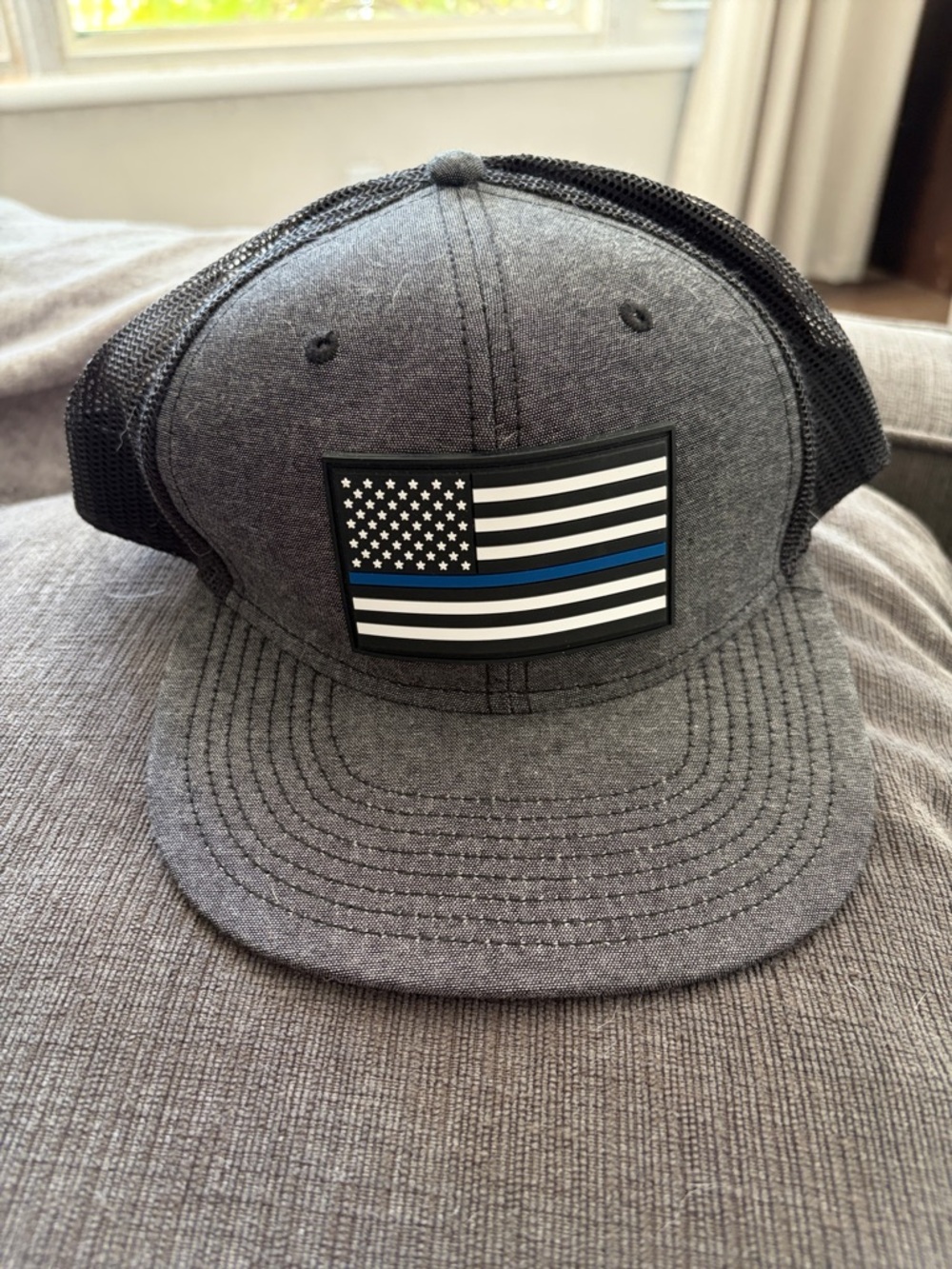 Gray & Mesh Trucker Hat with Thin Blue Line Flag Patch